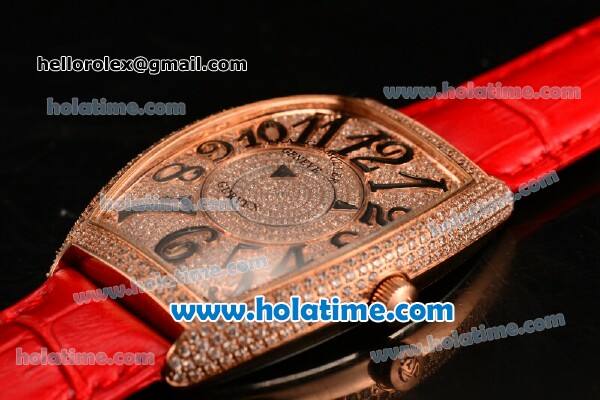 Franck Muller Cintree Curvex Swiss Quartz Rose Gold/Diamonds Case with Diamonds Dial Black Numeral Markers and Red Leather Strap - Click Image to Close